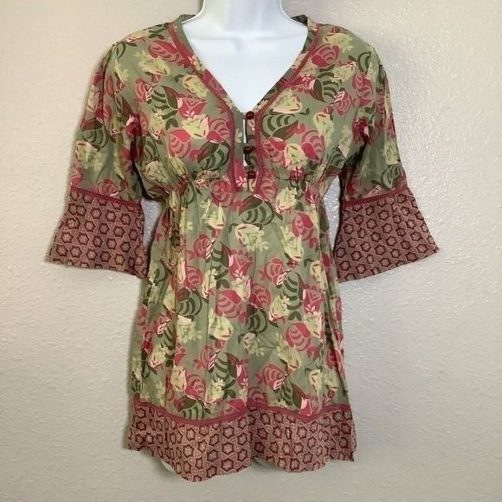 Green Peasant Blouse Small Bohemian Boho Artsy Earthy Fairycore 100% Cotton
